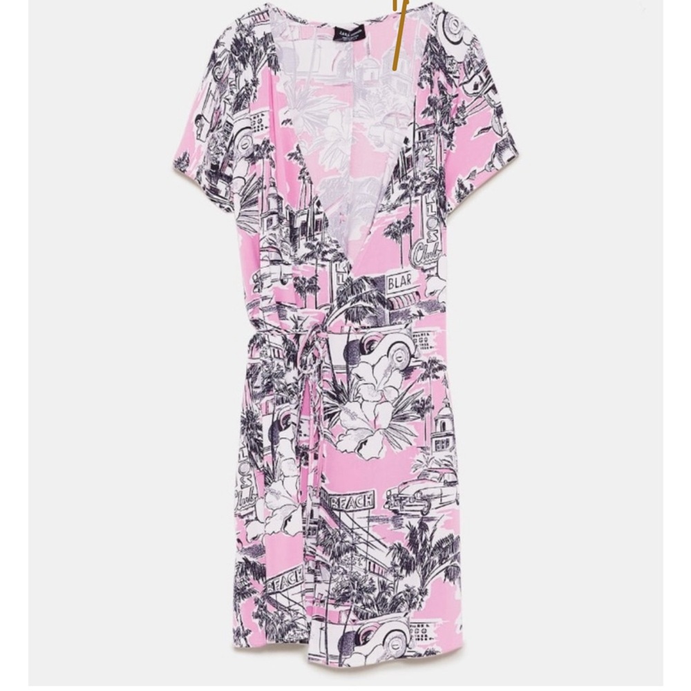 Zara Pink and Gray Wrap Sundress with Flutter Sleeves - Picture 4 of 6